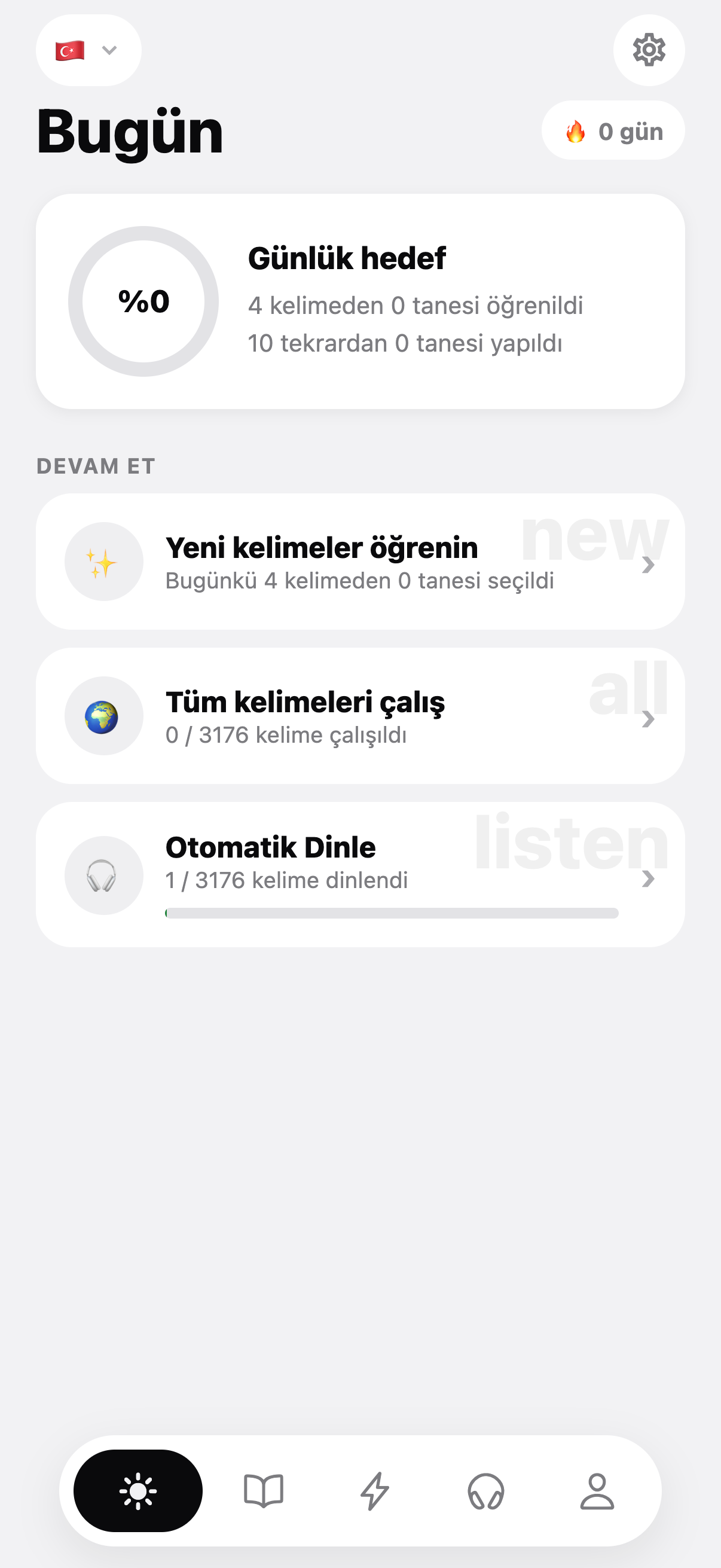 The today screen shows your daily goal and where you left off.
